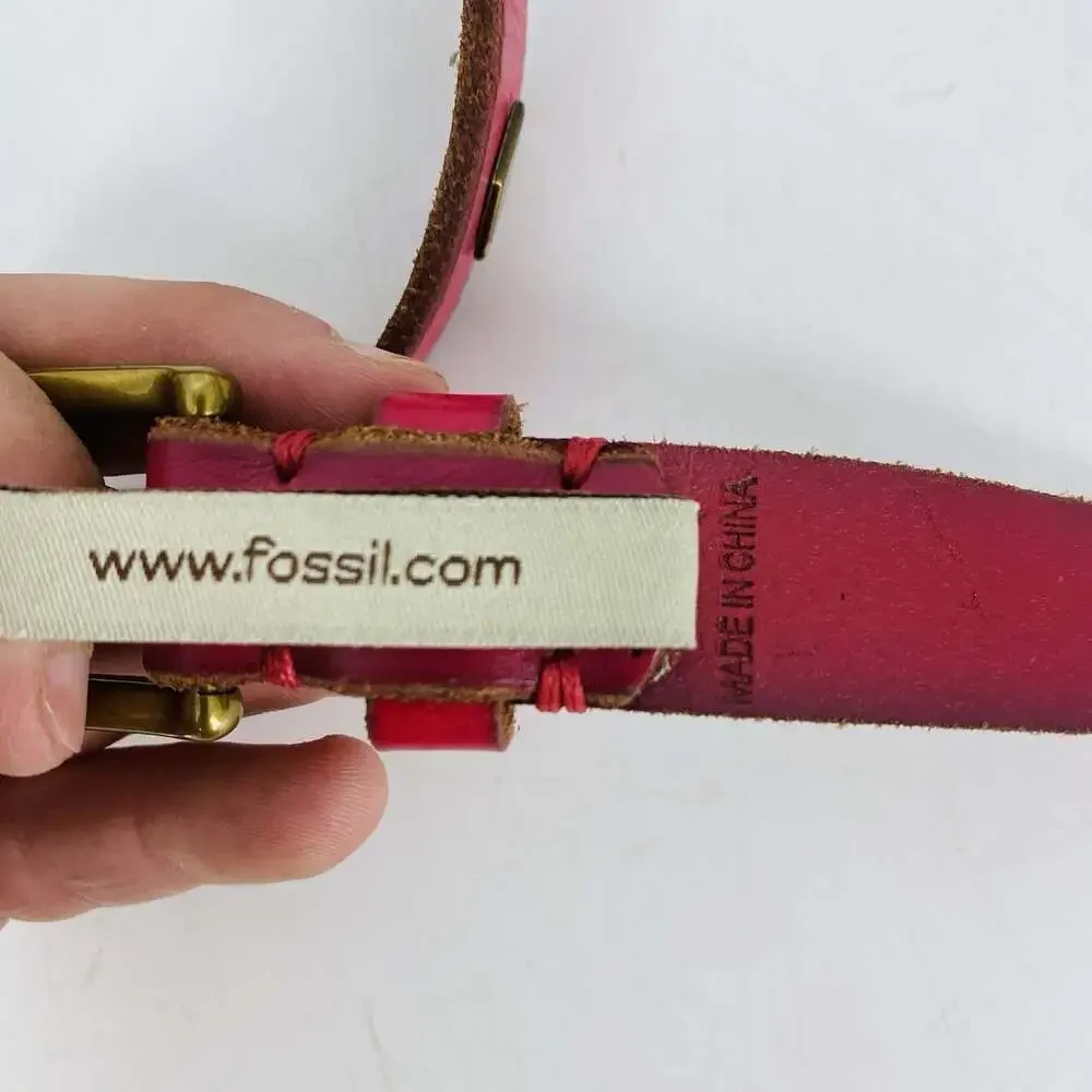 Fossil Pink Studded Skinny Belt Brass Buckle Diamond Studs Y2K Womens VTG 29-33